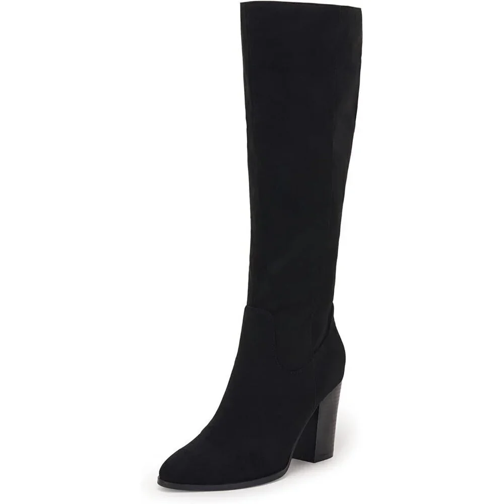 Women Faux Sueder Black Knee High Chunky Heel Side Zipper Stretch Winter Boot